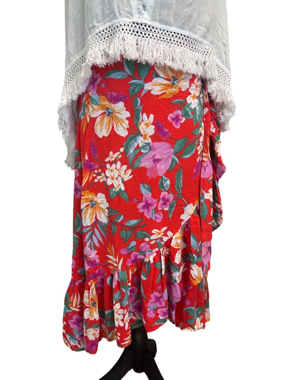 Cynthia Rowley Red Floral Ruffle Midi Wrap Skirt Festival Wear Size Small